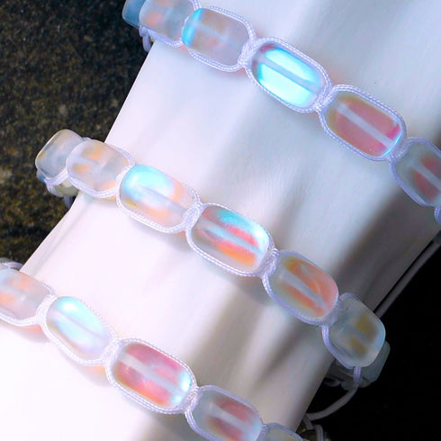 Arc-en-ciel blanc | Argent | Bracelet macramé galets de verre sirène